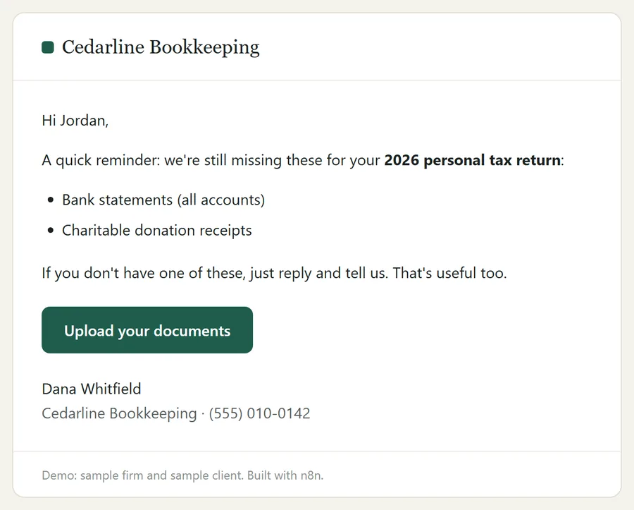 Reminder email listing the two documents still missing, with an upload button
