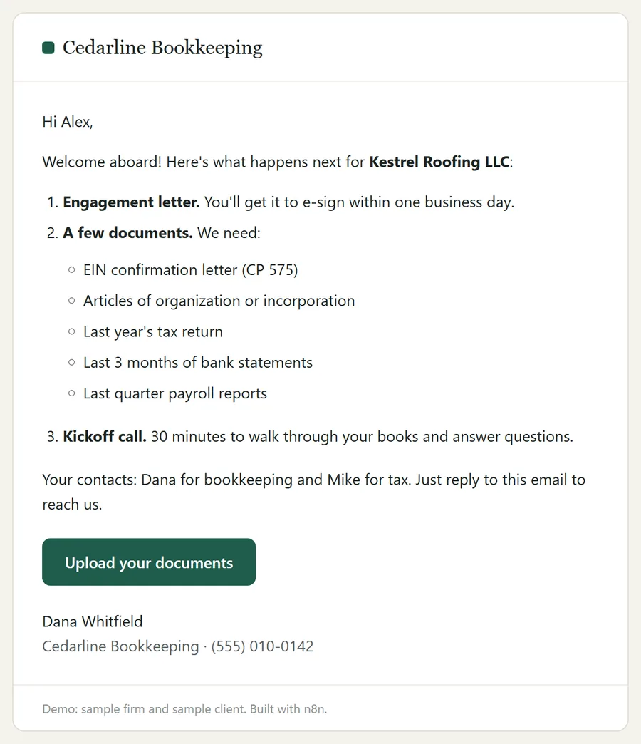 Welcome email listing next steps and the documents needed, with an upload button