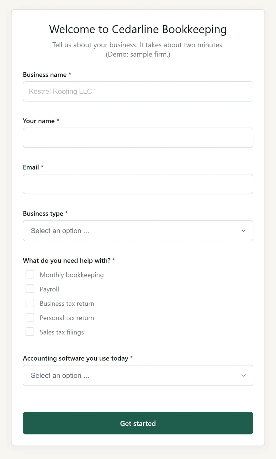 New-client intake form asking for business type, services needed and accounting software