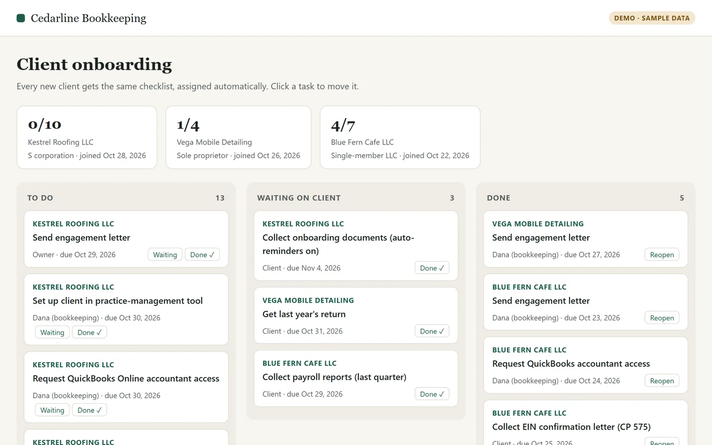 Demo onboarding board with each new client's tasks in To do, Waiting on client and Done columns