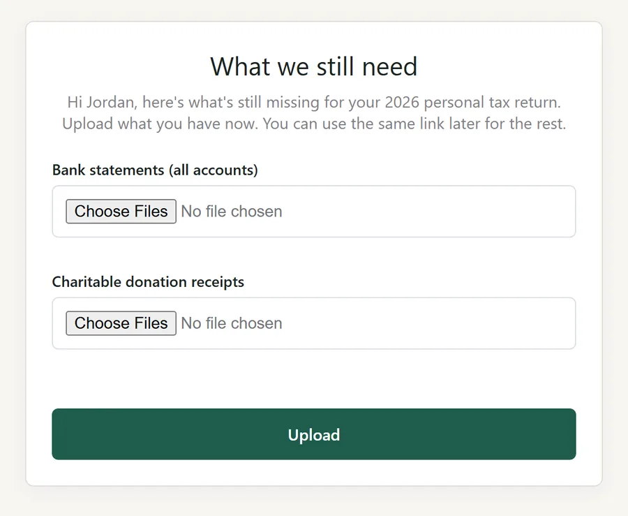 Client upload page listing only the two documents still missing